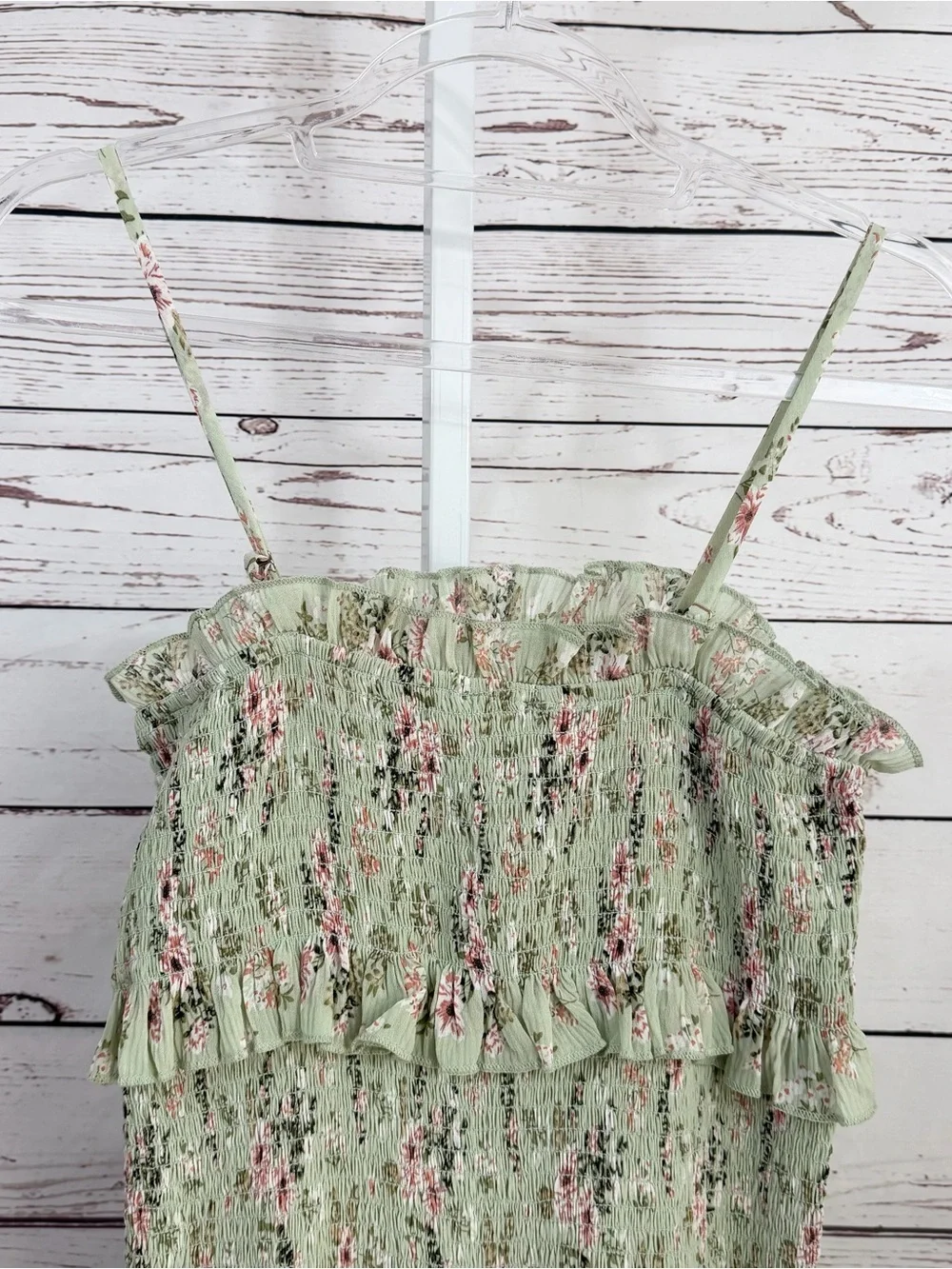 MABLE Light Green Pink Floral Print Smocked Midi Stretchy Tube Dress Size Small - Picture 3 of 11